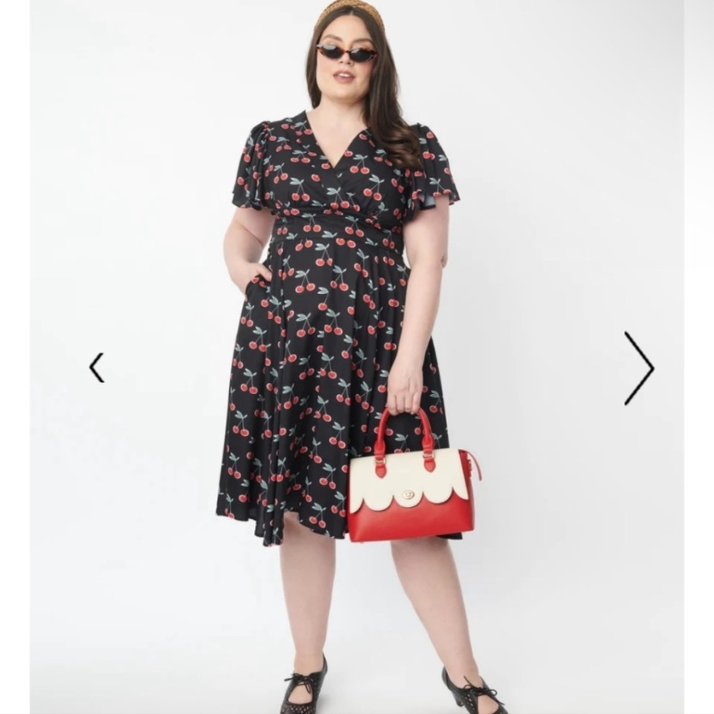 Unique Vintage Black Cherry Swing Dress 3X 20 Plus Flutter Sleeves V Neck